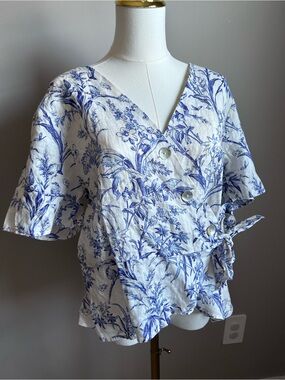 Linen peplum Blue Floral Wrap Button V-Neck Women's Top summer beachy tropical